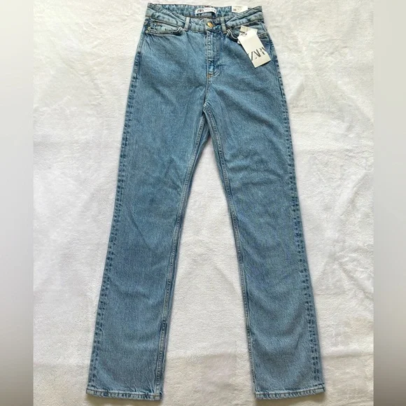 ZARA High Rise Full Length Straight Leg Blue Jeans--6 - Picture 5 of 16